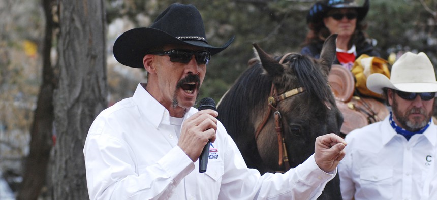 Cibola County Sheriff Tony Mace rallies protesters against gun control legislation at a gathering outside the New Mexico state Capitol, on March 12, 2019. 