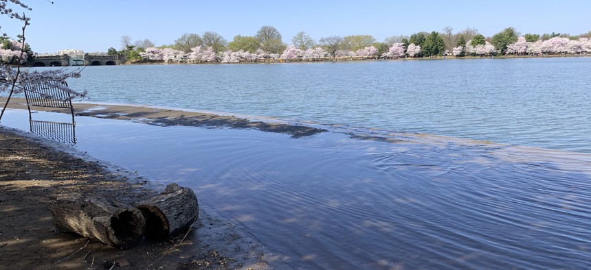 Part of the sidewalk near the Jefferson Memorial is covered in water during high tide at the Tidal Basin in Washington on April 3, 2019. 