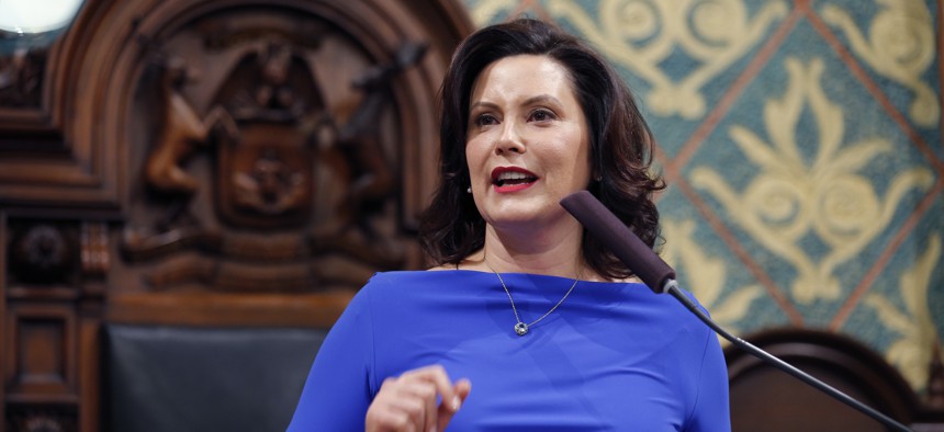 Michigan Gov. Gretchen Whitmer delivers her State of the State address to a joint session of the House and Senate, Tuesday, Feb. 12, 2019.