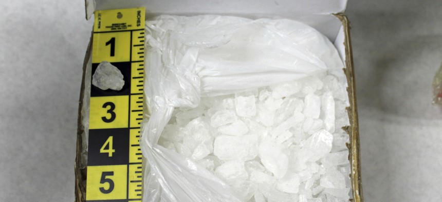 A box containing methamphetamine seized by police in Minneapolis. In many regions of the United States, the supply of cocaine and meth are soaring, and so are deaths. Opioids are involved in most cocaine overdoses.
