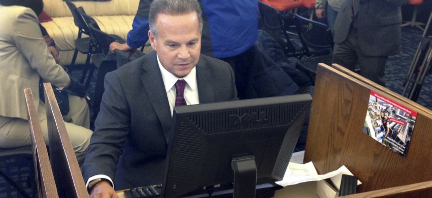 In March 2018, U.S. Rep. David Cicilline completes his census form on a computer at a library in Providence, R.I. The nation's only test run of the 2020 Census was conducted in Rhode Island.