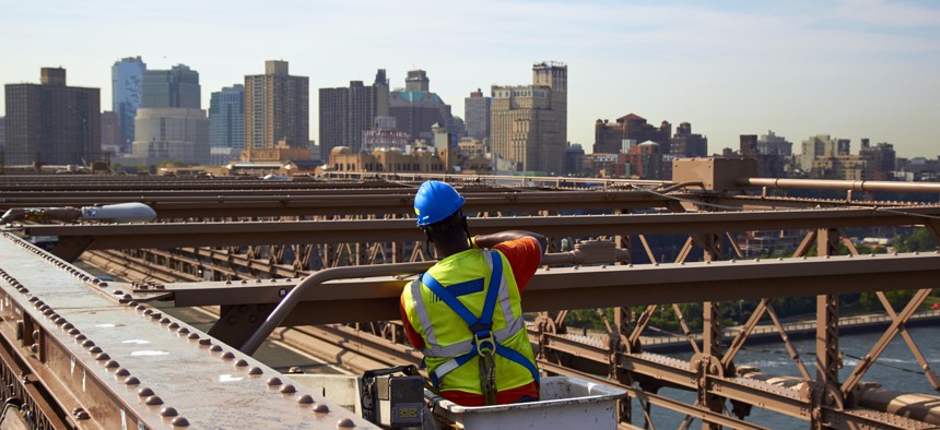 Construction worker on the Brooklyn Bridge