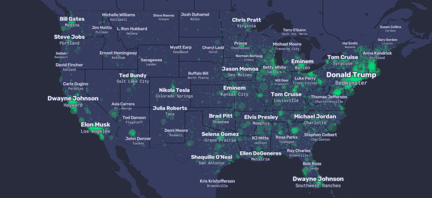 A 'People Map' of the U.S. shows the most WIkapedia'd person associated with each place.