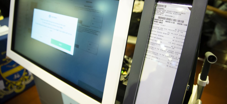 Shown is a paper ballot during a demonstration of the ExpressVote XL voting machine at the Reading Terminal Market in Philadelphia, Thursday, June 13, 2019.