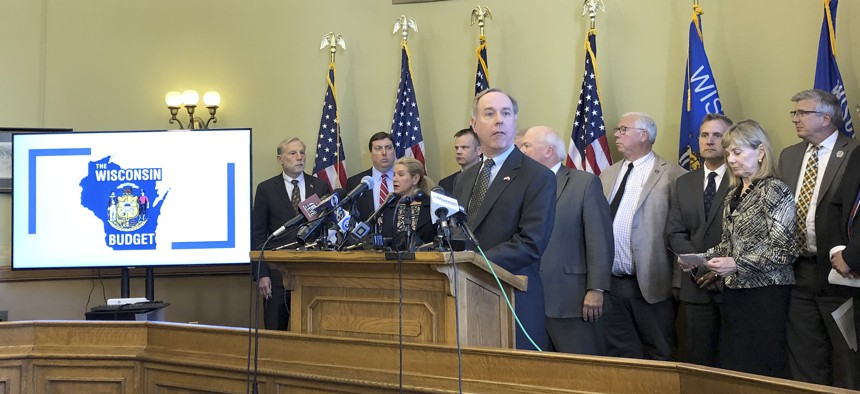 Wisconsin Assembly Speaker Robin Vos, center, and Republican members of the Legislature's Joint Finance Committee speak at a news conference about final revisions on the state budget on June 13, 2019.