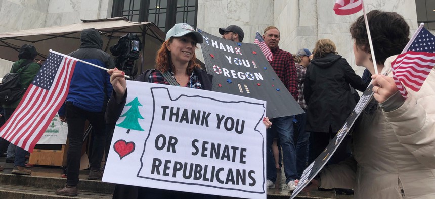 Protestors outside the Oregon state legislature.