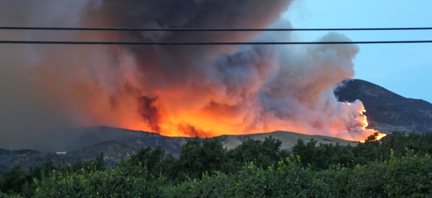 A wildfire rages in Ventura county, California.