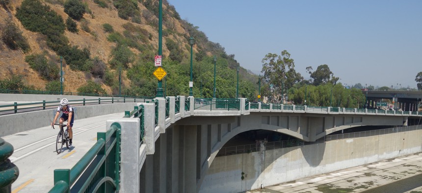 The Los Angeles River Bike Path northern terminus at Confluence Park.