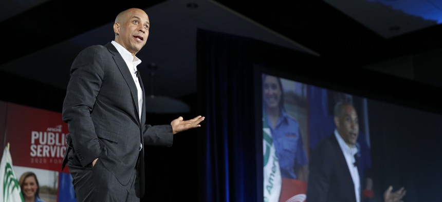Democratic presidential candidate Sen. Cory Booker, D-N.J., speaks during a public employees union candidate forum Saturday, Aug. 3, 2019, in Las Vegas. 