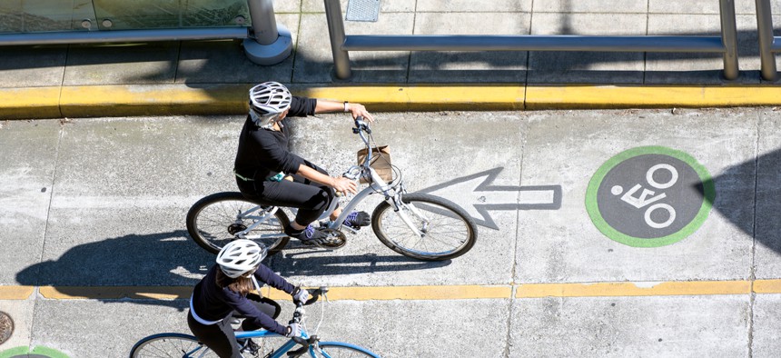 Protected lanes for cyclists, like this one in Portland, make getting to work on a bike a low-stress option.