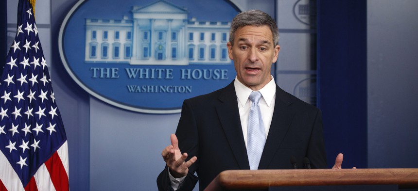 Acting Director of United States Citizenship and Immigration Services Ken Cuccinelli, speaks during a briefing at the White House, Monday, Aug. 12, 2019, in Washington. 