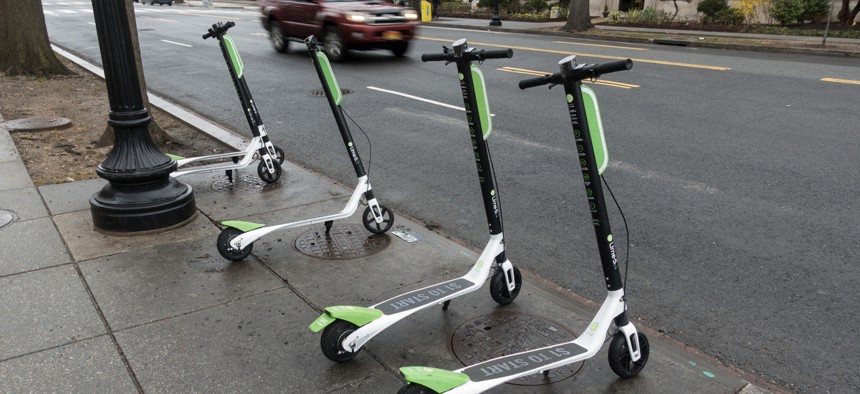A row of Lime scooters in Washington, D.C.