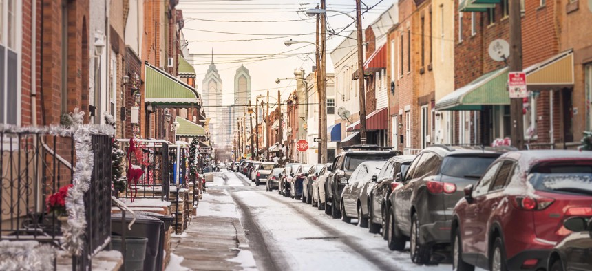 A snowy street in Philadelphia.