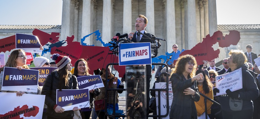 Former California Gov. Arnold Schwarzenegger speaks at a rally calling for "Fair Maps" at the Supreme Court in March 2019. Schwarzenegger has been an outspoken supporter of citizen redistricting since California started the reforming the process in 2008.
