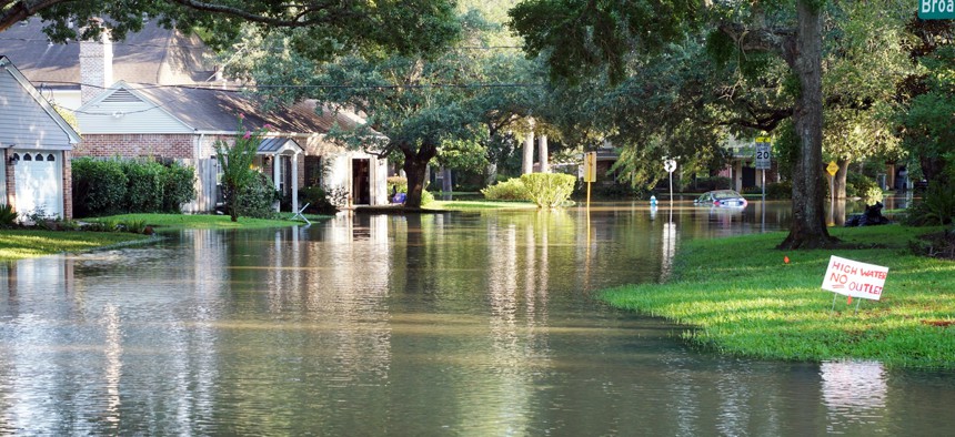 Flooded housing in Houston following Hurricane Harvey.
