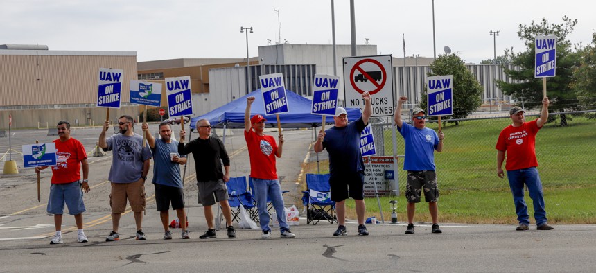 UAW workers on strike in Lordstown, Ohio, where a factory is slated for closure.