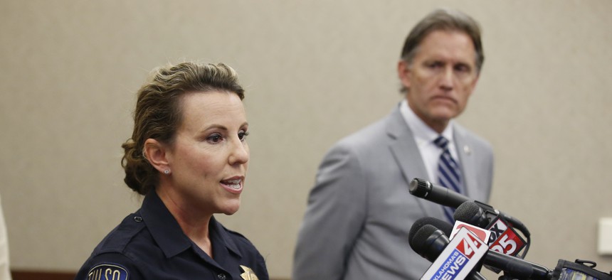 Tulsa Police Sgt. Jillian Phippen and Oklahoma Attorney General Mike Hunter urge the public not to purchase do-it-yourself sexual assault kits at a press conference.