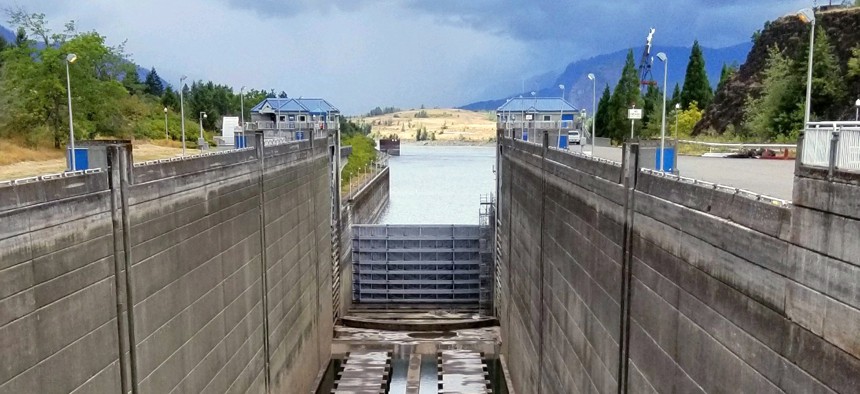 This Sunday, Sept. 8, 2019 photo shows a dry boat lock at the Bonneville Dam on the Columbia River. Cracking on part of the lock has resulted in a closure that is blocking river traffic.