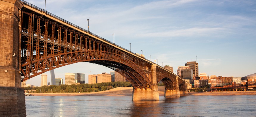 A bridge crossing into St. Louis over the Mississippi.