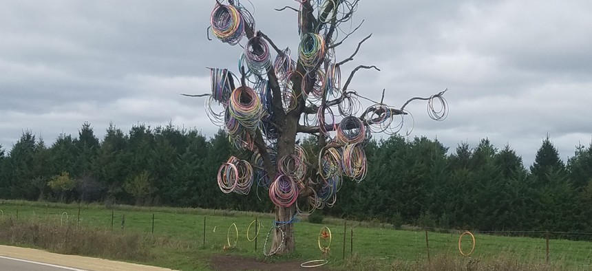 The hula hoop tree in Jones County, Iowa has attracted notoriety from tourists and locals alike. 