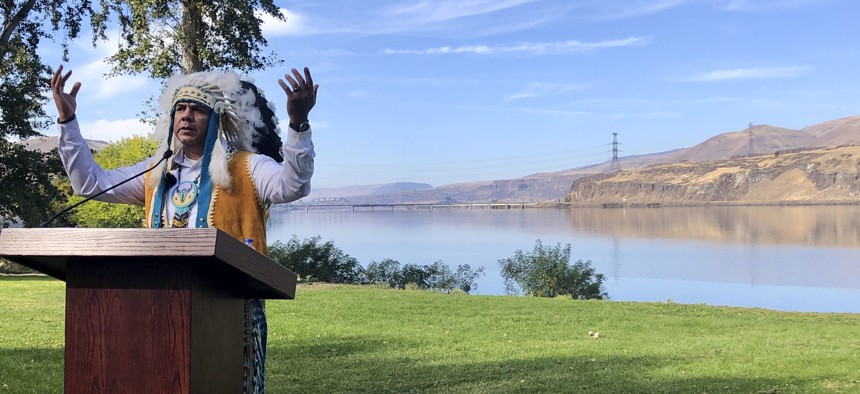 JoDe Goudy, chairman of the Yakama Nation, speaks with the Columbia River in the background near The Dalles, Oregon.