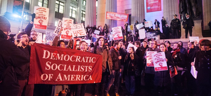 Members of the New York City chapter of the Democratic Socialists of America protest Trump's inauguration in January 2017.