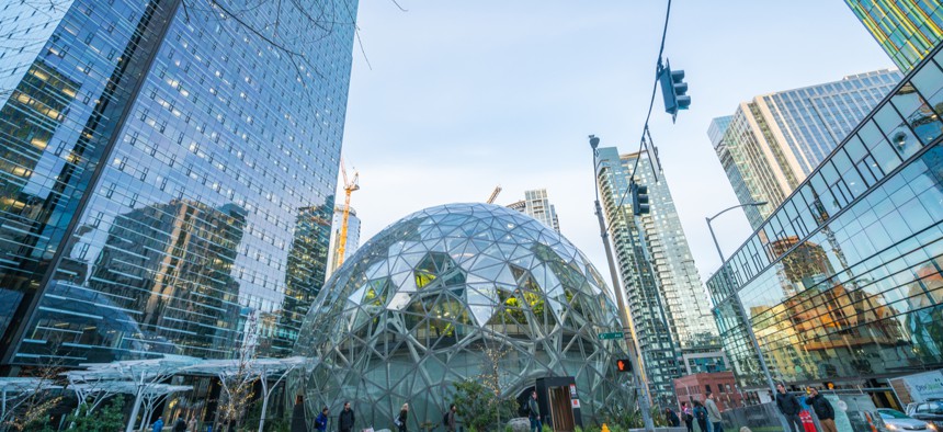 Amazon's world headquarters in Seattle, Washington. The company has spent over $1 million on the city's local elections this year.