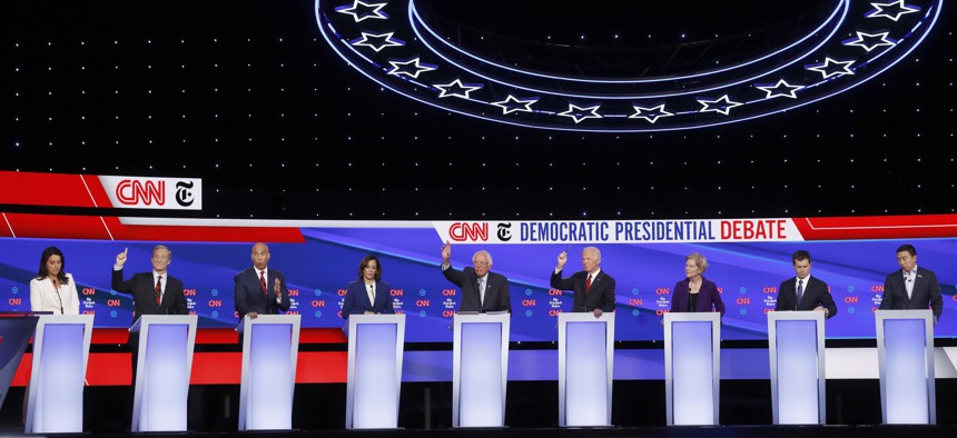Candidates participate in a Democratic presidential primary debate hosted by CNN/New York Times at Otterbein University, Tuesday, Oct. 15, 2019, in Westerville, Ohio.