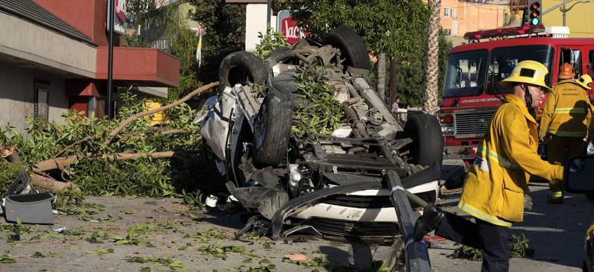 A Los Angeles fire department firefighter responding to a car crash in the city during 2016.
