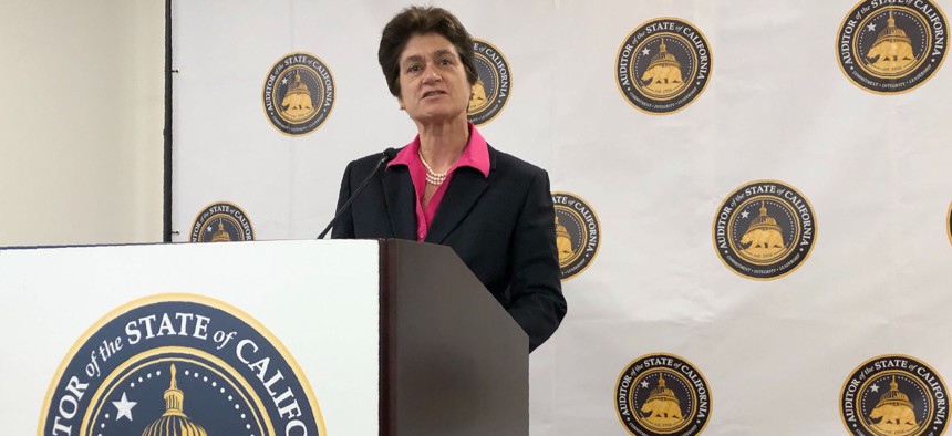 California State Auditor Elaine Howle launches the City Fiscal Health Dashboard, a new website ranking the fiscal health of over 470 state cities during a news conference in Sacramento, Calif., Thursday, Oct. 24, 2019. 