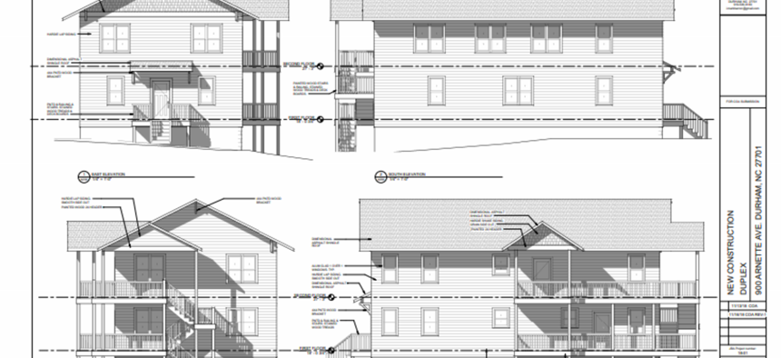 Blueprints for Jillian Johnson's proposed "micro-development" project, a two-unit duplex that will serve as affordable housing in her Durham neighborhood.