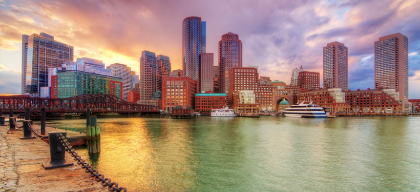 Boston's downtown skyline. Elected leaders in the city are looking to higher-end real estate transactions as a possible source of revenue for affordable housing.