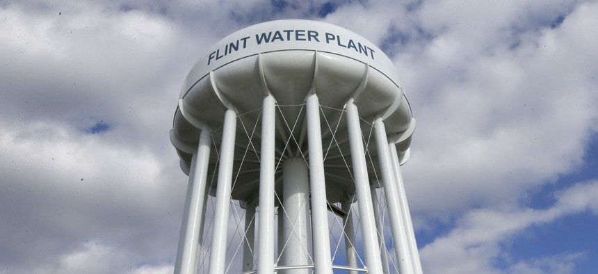 The Flint Water Plant water tower is seen in Flint, Mich. 