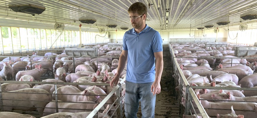 Farmer Matthew Keller walks through one of his pig barns near Kenyon, Minn. Keller, who also grows crops, received more than $140,000 under the Trump administration’s aid package for farmers struggling because of the U.S. trade dispute with China.