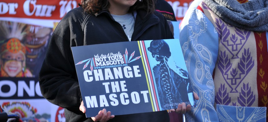 Protests against Native mascots have risen up across the country in recent years, like this one Minnesota from 2014. 