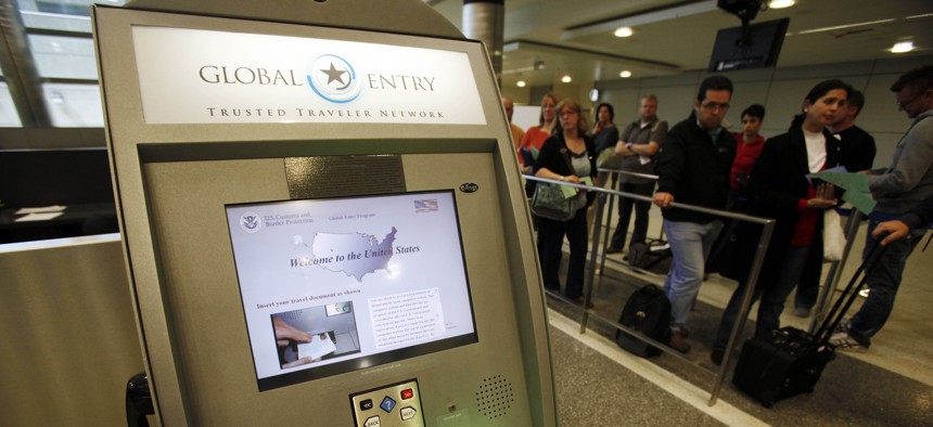 A Global Entry kiosk in Los Angeles Airport expedites the entry process for international travelers.