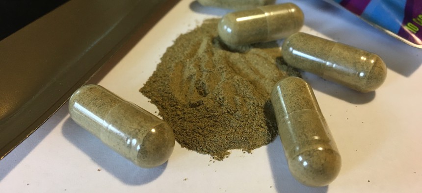 In this Sept. 27, 2017 photo, kratom capsules are displayed in Albany, N.Y.