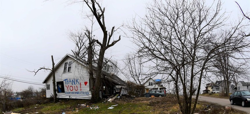 A thank-you message to volunteers on a heavily damaged home in suburban Dayton, Ohio’s Northridge community. 