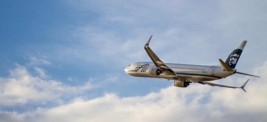 An Alaska Airlines flight takes off from Boise, Idaho, on May 29, 2019.