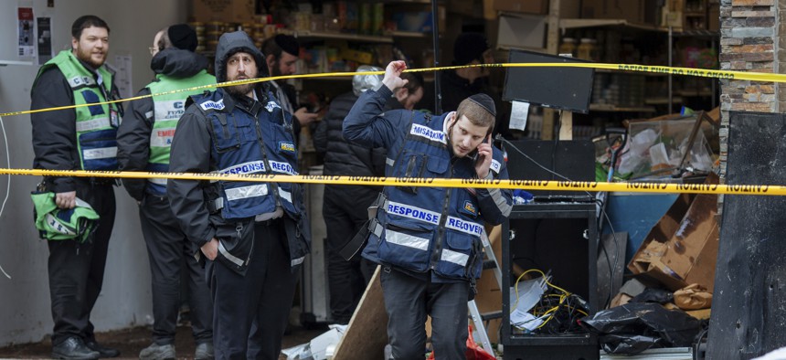 First responders at the scene of a shooting in a New Jersey kosher market on Dec. 11, 2019. New Jersey saw a dramatic rise in hate crimes in 2019.