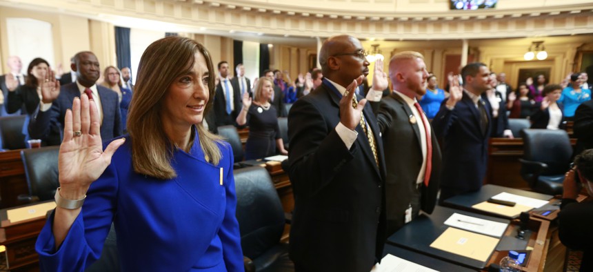 Virginia House Speaker Eileen Filler-Corn, a Democrat, takes the oath of office during opening ceremonies of the 2020 Virginia General Assembly. She is the first woman to hold that position.
