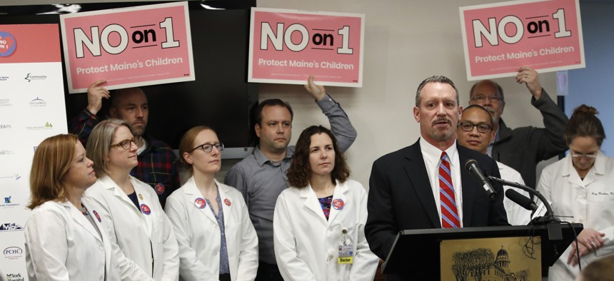 Steven Michaud, president of the Maine Hospital Assn., speaks at a news conference with doctors opposed to Question 1, the religious and philosophical exemptions referendum on vaccinations.