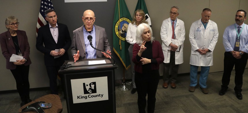 Dr. Jeff Duchin, Health Officer for Seattle & King County, addresses a news conference. King County bought a motel this week to hold people infected with coronavirus.