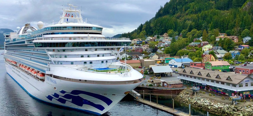 Princess cruises Ruby Princess docked in Ketchikan Alaska. Princess cruises has docked all its ships during the coronavirus outbreak.