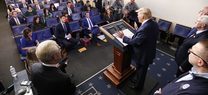President Donald Trump speaks during a coronavirus task force briefing at the White House, Sunday, March 22, 2020, in Washington, D.C.