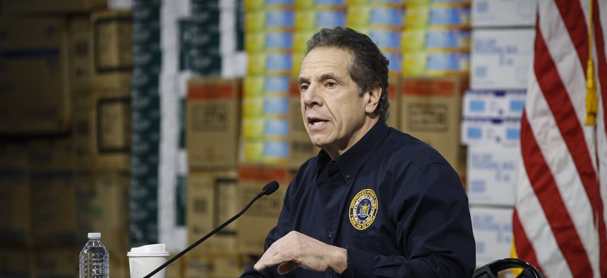 New York Gov. Andrew Cuomo whose brash, empathetic style has become a model for crisis communication speaks at a news conference about the state’s coronavirus response efforts.