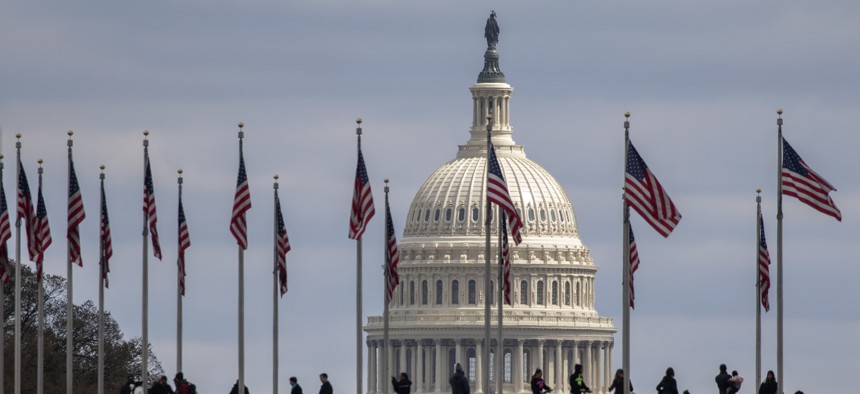 People walk among U.S. flags with the U.S. Capitol in the background, Sunday, March 15, 2020, in Washington.