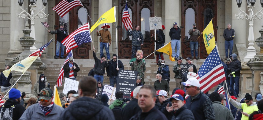 Protesters at the Michigan State Capitol in Lansing.