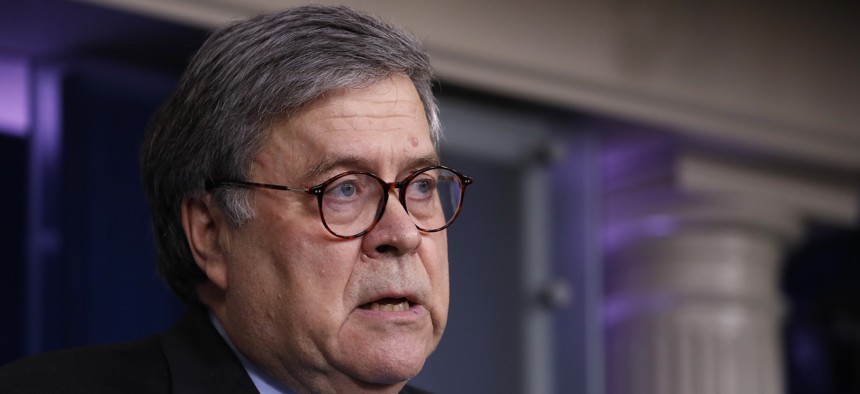 Attorney General William Barr speaks about the coronavirus in the James Brady Press Briefing Room of the White House on April 1, 2020, in Washington.