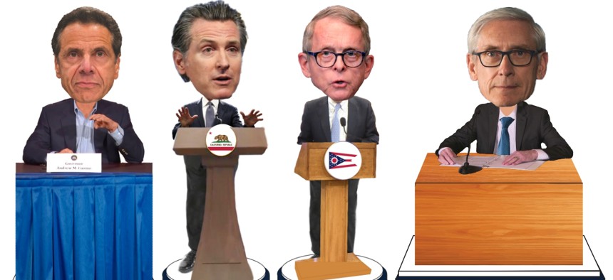 The 7-inch bobbleheads, depicting Govs. Andrew Cuomo (New York), Gavin Newsom (California), Mike DeWine (Ohio) and Tony Evers (Wisconsin), are expected to ship in July.